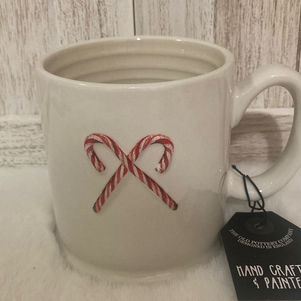The Old Pottery Company Handcrafted White Mug with Candy Cane Design
